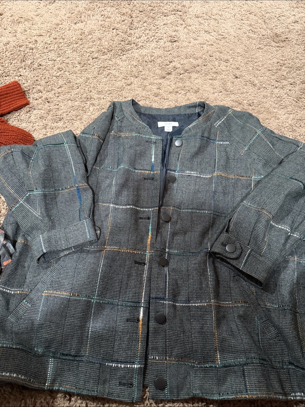 Womens Gray Plaid Button-Front Jacket